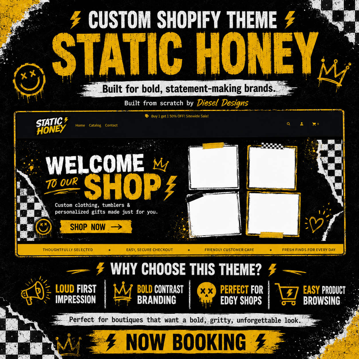 Static Honey Shopify Revamp | Black Yellow Grunge Boutique Website Makeover